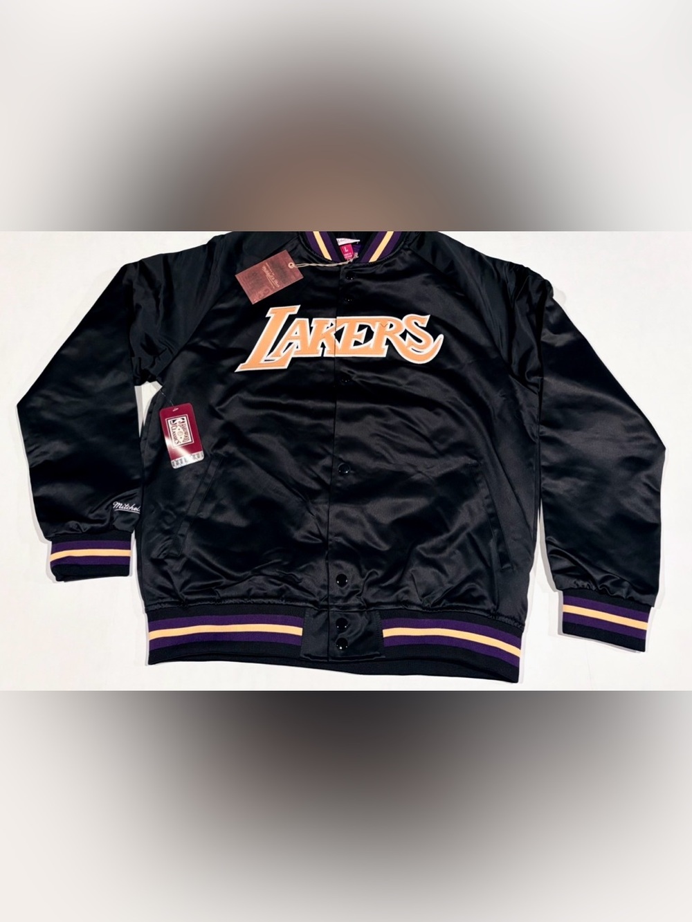 Mitchell & Ness Hardwood Classics LA Lakers Black Satin Bomber Jacket Men's Sz L
